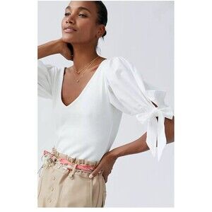 Mauve By Anthropology White Puff Sleeve Bow-tie Blouse Size‎ XSP